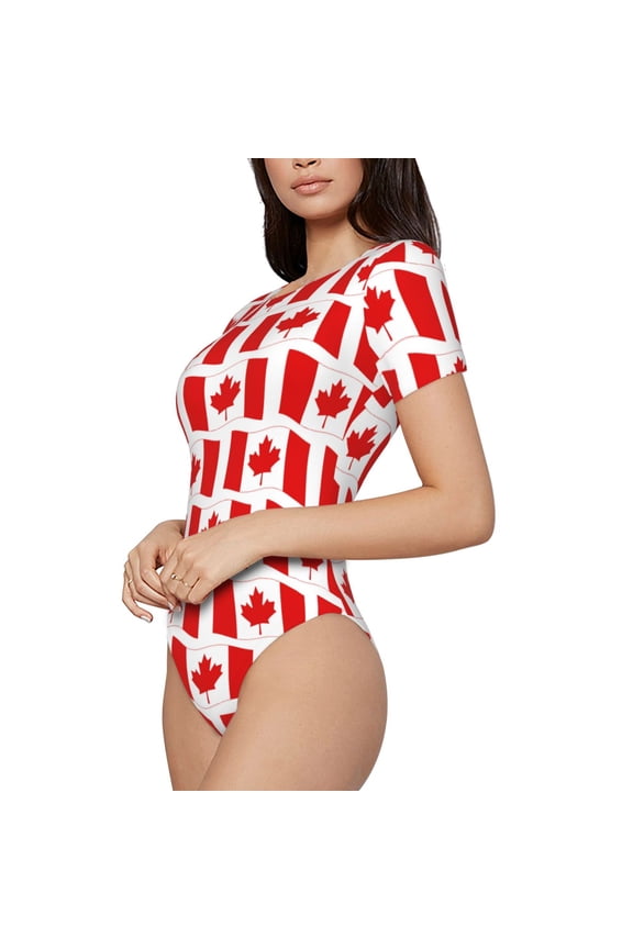 Canada Printed Women Rash Guard Short Sleeve,Tummy control Swimsuit Surfing Swimsuit Bathing Suit Short-sleeved Onesie UPF 50+