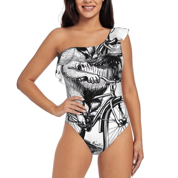 Rateoe Capybara Riding Bicycle Pattern Women One Piece Swimsuits Tummy Control One Shoulder Bathing Suits Ruffle Swimwear-Small