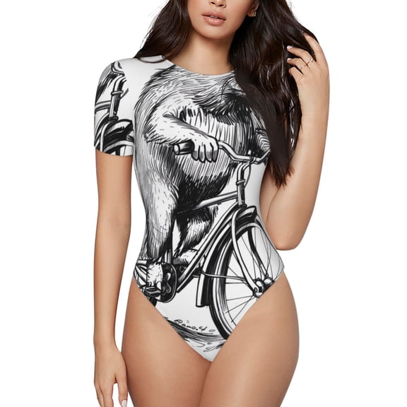 Rateoe Capybara Riding Bicycle Printed Women Rash Guard Short Sleeve,Tummy control Swimsuit Surfing Swimsuit Bathing Suit Short-sleeved Onesie UPF 50+ -Large
