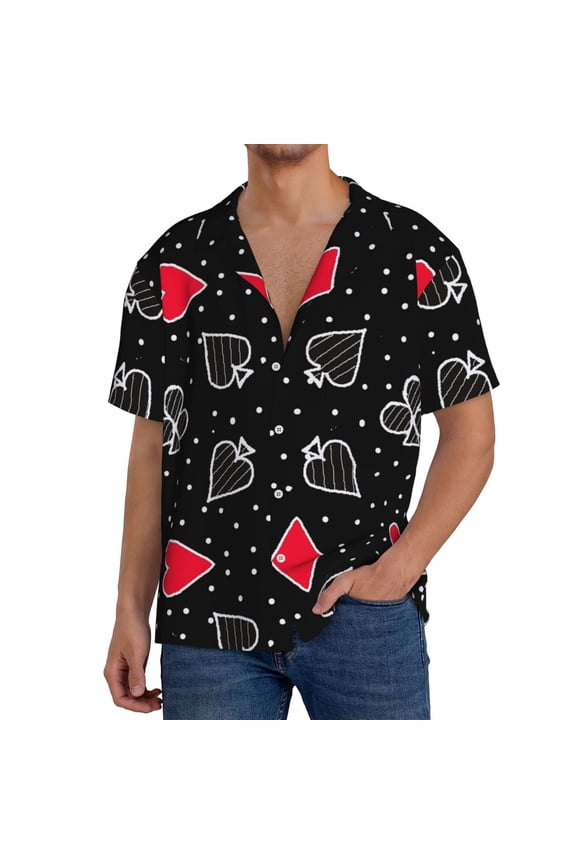 Card Suits Pattern Men's Short Sleeve Classic Shirt, Casual Short-Sleeved Shirt, Lightweight Summer Shirt, Cuban Collar Shirt,Button-Front Shirt-Small