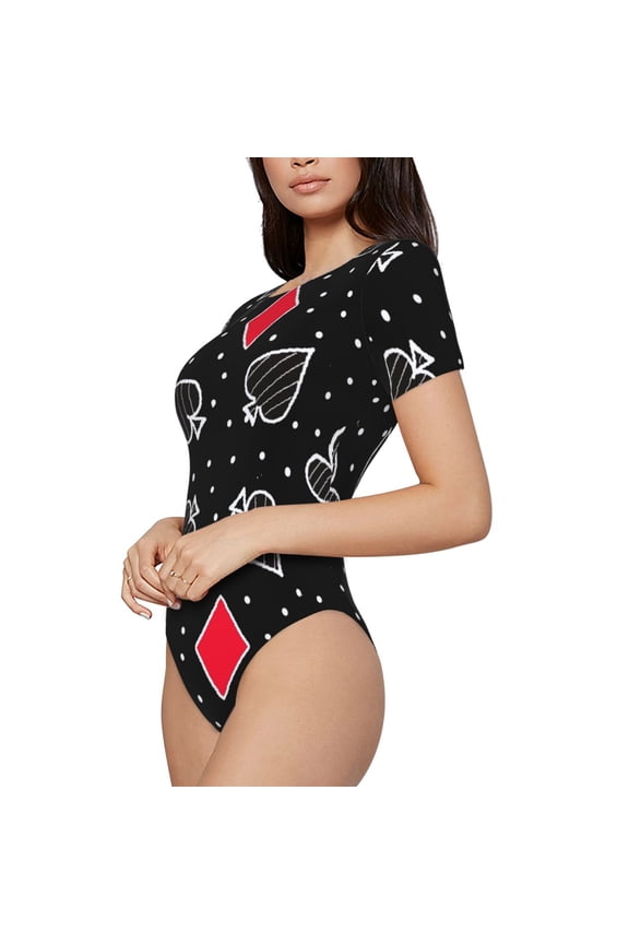 Card Suits Printed Women Rash Guard Short Sleeve,Tummy control Swimsuit Surfing Swimsuit Bathing Suit Short-sleeved Onesie UPF 50+