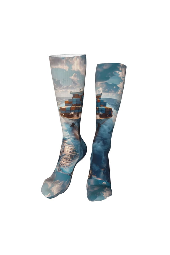 Cargo Ship At Sea print Women's Men's Novelty 20in Crew Socks Cotton Socks Knee High Socks for Walking,Running,Nurses,Pregnancy-One Size