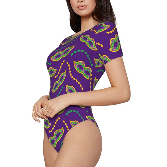 Rateoe Carnival Masks and Beads Printed Women Rash Guard Short Sleeve,Tummy control Swimsuit Surfing Swimsuit Bathing Suit Short-sleeved Onesie UPF 50+