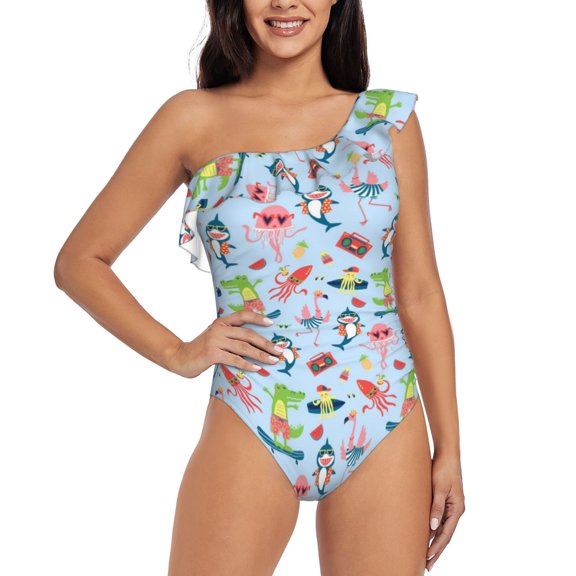 Rateoe Cartoon Animals Pattern Women One Piece Swimsuits Tummy Control One Shoulder Bathing Suits Ruffle Swimwear-
