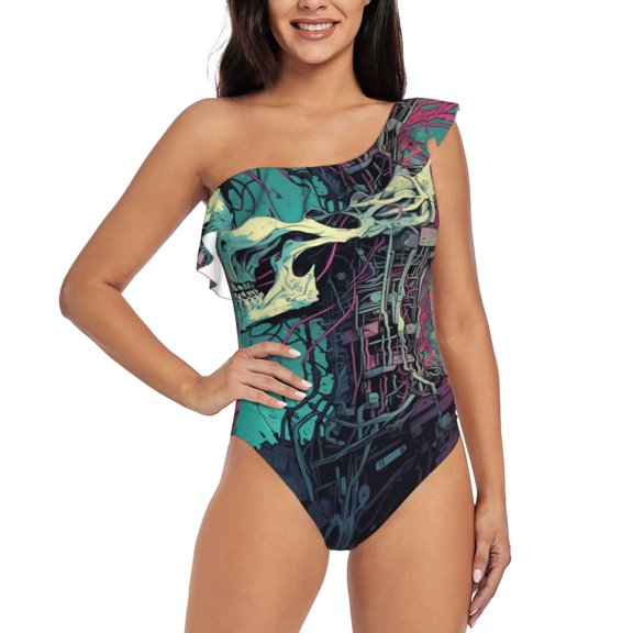 Rateoe Cartoon Art Skull Pattern Women One Piece Swimsuits Tummy Control One Shoulder Bathing Suits Ruffle Swimwear-XX-Large