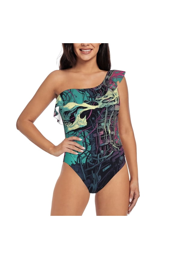 Cartoon Art Skull Pattern Women One Piece Swimsuits Tummy Control One Shoulder Bathing Suits Ruffle Swimwear-XX-Large
