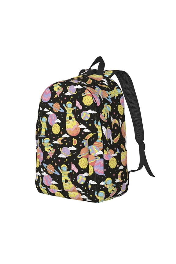Cartoon Astronaut In Spacesuit Pattern Durable Canvas Backpack for Men & Women – Stylish & Lightweight – Adjustable Straps, Multiple Pockets – Fits 15-17 Inch LaptopsSmall