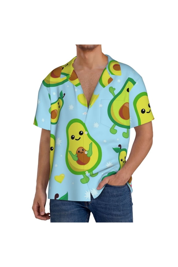 Cartoon Avocado Pattern Men's Short Sleeve Classic Shirt, Casual Short-Sleeved Shirt, Lightweight Summer Shirt, Cuban Collar Shirt,Button-Front Shirt-