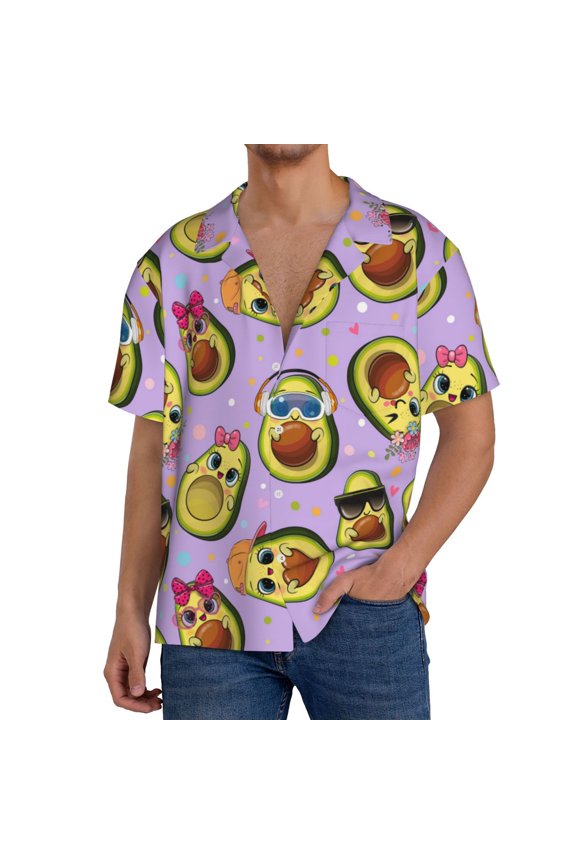 Cartoon Avocados Pattern Men's Short Sleeve Classic Shirt, Casual Short-Sleeved Shirt, Lightweight Summer Shirt, Cuban Collar Shirt,Button-Front Shirt-