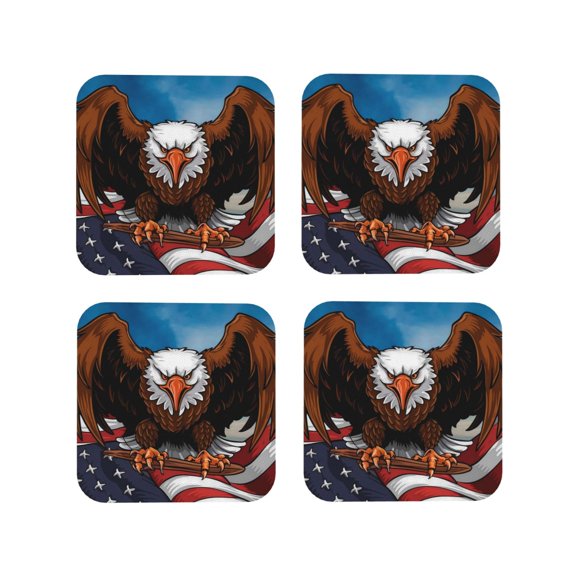 Rateoe Cartoon Bald Eagle USA Drawing Drink Coasters Set of 4 Leather Coasters Spill Protection for Table Desk,Durable and Non Slip Leather Coaster ,4 Inches Drink Mats-Square
