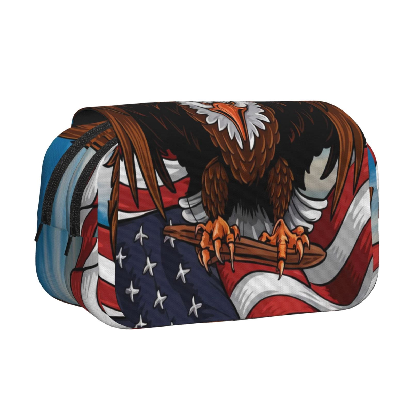 Rateoe Cartoon Bald Eagle USA Pattern Double Clamshell Pen Case, Storage Organizer with Two Zipper Compartments– Holds Up to 50 Pencils & Pens