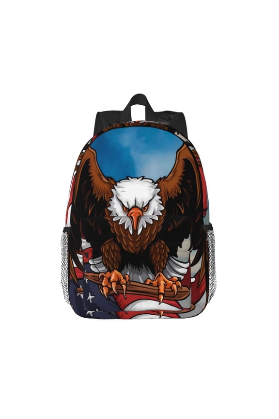 Cartoon Bald Eagle USA Pattern Student Backpack Water-resistant Backpack 15-inch Laptop Backpack Lightweight Adjustable School Backpack