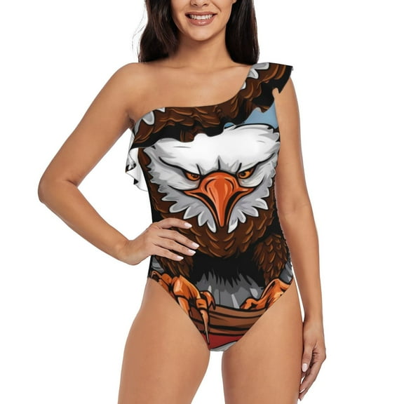 Rateoe Cartoon Bald Eagle USA Pattern Women One Piece Swimsuits Tummy Control One Shoulder Bathing Suits Ruffle Swimwear-Small