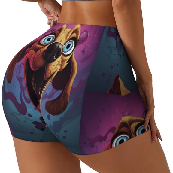 Rateoe Cartoon Big-Eyed Dog Printed Power Workout Shorts for Women Tummy Control Squat Proof Ribbed Thick Seamless Scrunch Active Short-XX-Large
