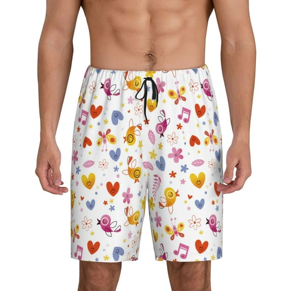 Rateoe Cartoon Birds & Flowers Print Men's Lounge Shorts – Soft & Breathable Pajama Bottoms with Pockets, Elastic Waistband, Lightweight Sleepwear for Nightwear & Loungewear-XX-Large