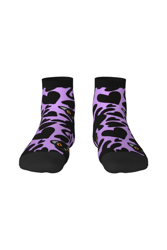 Cartoon Black Cats Pattern Quarter Crew Socks,Toe Seamed Ankle Socks,Cotton Cushioned Breathable Athletic Crew Sports Socks