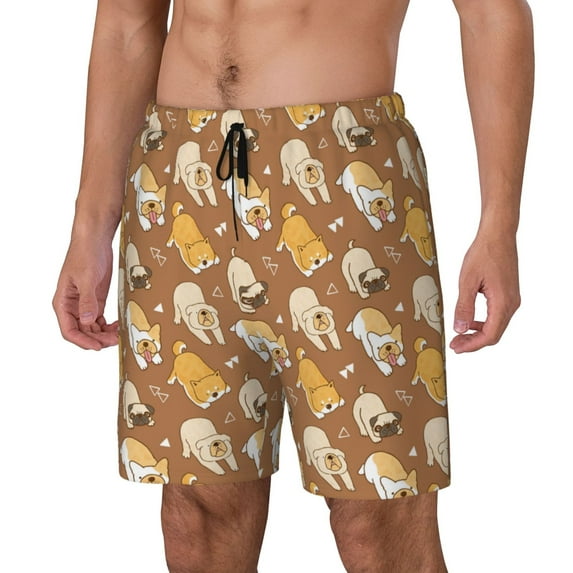 Rateoe Cartoon Bulldog Pattern Men’s Swim Shorts with Compression Liner – Double-Layered Quick-Dry Swimwear, Comfortable & Stretchy Beach Shorts-Large