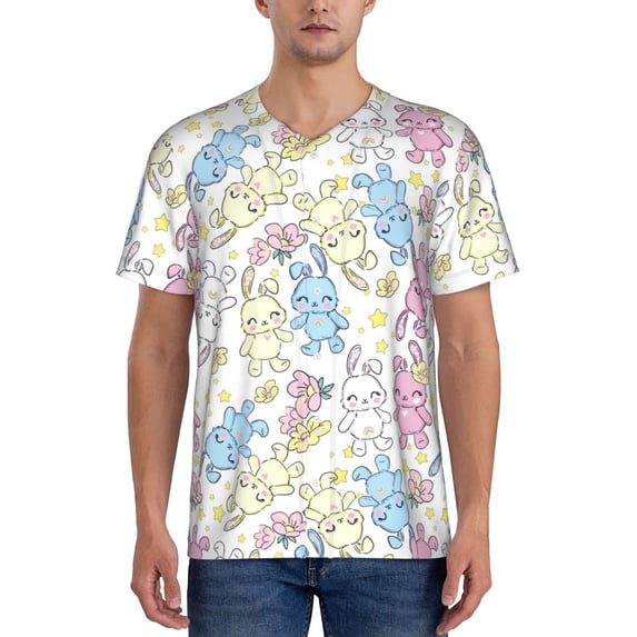 Rateoe Cartoon Bunny Pattern Men’s Baseball Short Sleeve Polo Shirt, Midweight Men's Shirt Golf Shirt Polo Shirts Quick Dry Short-Medium