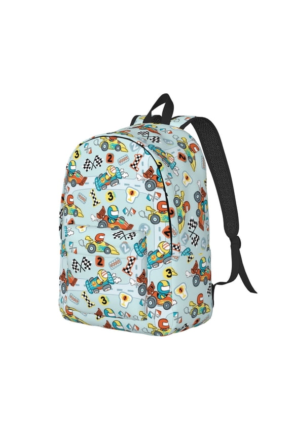 Cartoon Car Racing Pattern Durable Canvas Backpack for Men & Women – Stylish & Lightweight – Adjustable Straps, Multiple Pockets – Fits 15-17 Inch LaptopsMedium