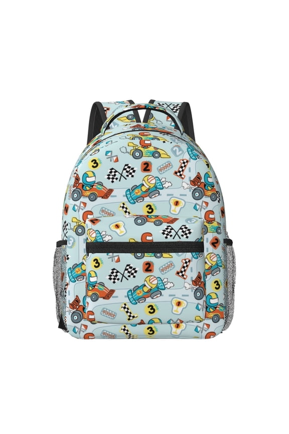 Cartoon Car Racing Pattern Durable Student Backpack Laptop Bag- Ergonomic Design, Waterproof Twill Fabric - Ideal for School, Travel, and Outdoor Activities