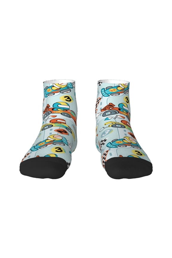 Cartoon Car Racing Pattern Quarter Crew Socks,Toe Seamed Ankle Socks,Cotton Cushioned Breathable Athletic Crew Sports Socks