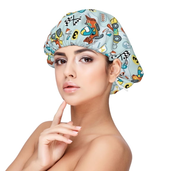 Rateoe Cartoon Car Racing Pattern Silk Satin Hair Bonnet for Sleeping, Adjustable Sleep Cap Turban for Women , Curly Straight Hair Long Large Braid