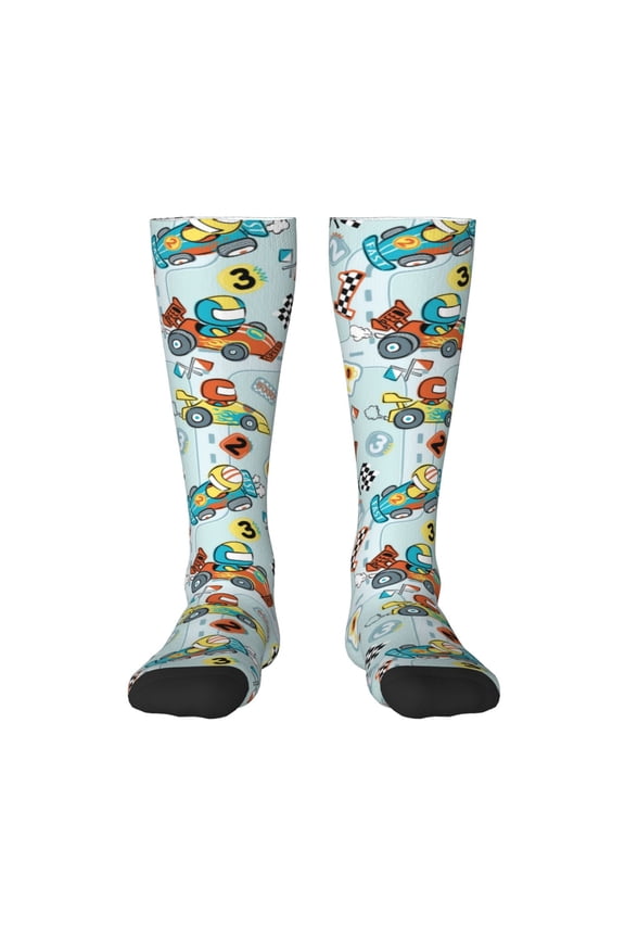 Cartoon Car Racing Pattern Women’s Knee High Crew Socks,Trouser Socks Comfortable, Breathable, Moisture-Wicking and Soft
