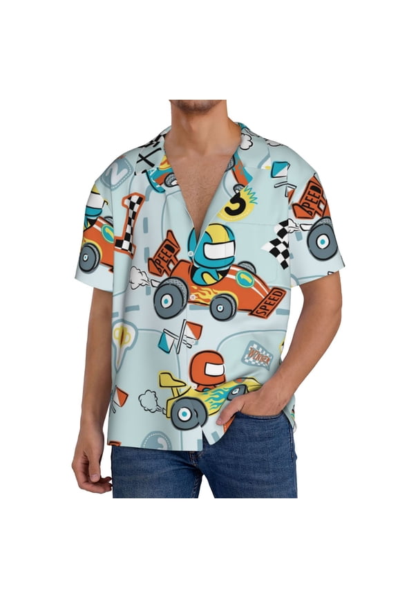 Cartoon Car Racing Print Mens Front Pocket Hawaiian Shirts Casual Shirts Short Sleeve Button Down Beach Tropical Shirts-Large