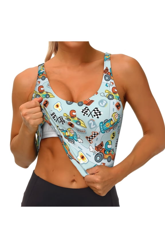 Cartoon Car Racing Print Womens' Sports Bras Scoop Neck Sports Vest- Padded U Back Seamless High Impact Support