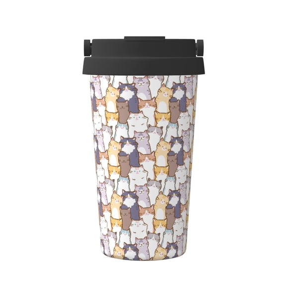 Rateoe Cartoon Cat Pattern Travel Coffee Mug Tumbler with Flip Lid | Reusable Insulated Stainless Steel Cold Brew Iced Coffee Cup Thermos