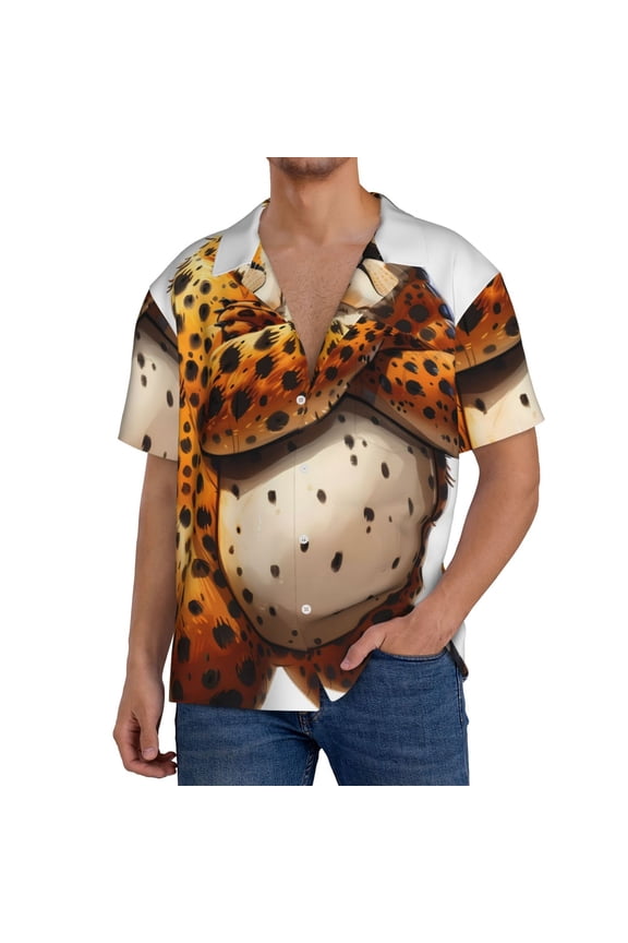 Cartoon Cheetah With Attitude Pattern Men's Short Sleeve Classic Shirt, Casual Short-Sleeved Shirt, Lightweight Summer Shirt, Cuban Collar Shirt,Button-Front Shirt-Large