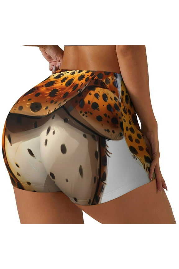 Cartoon Cheetah With Attitude Printed Power Workout Shorts for Women Tummy Control Squat Proof Ribbed Thick Seamless Scrunch Active Short-Medium