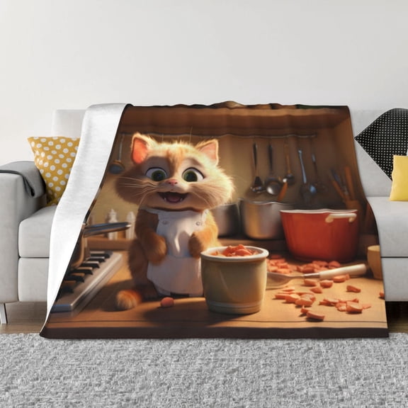 Rateoe Cartoon Cooking Cat Pattern Flannel Throw Blanket, Ultra-soft Blanket for Bed, Couch, Car, Hypoallergenic Anti-pilling blanket-