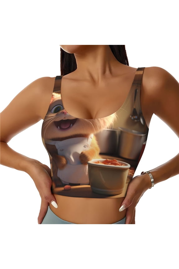 Cartoon Cooking Cat Print Womens' Sports Bras Scoop Neck Sports Vest- Padded U Back Seamless High Impact Support-