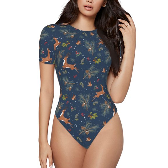 Rateoe Cartoon Deers Printed Women Rash Guard Short Sleeve,Tummy control Swimsuit Surfing Swimsuit Bathing Suit Short-sleeved Onesie UPF 50+ -Medium
