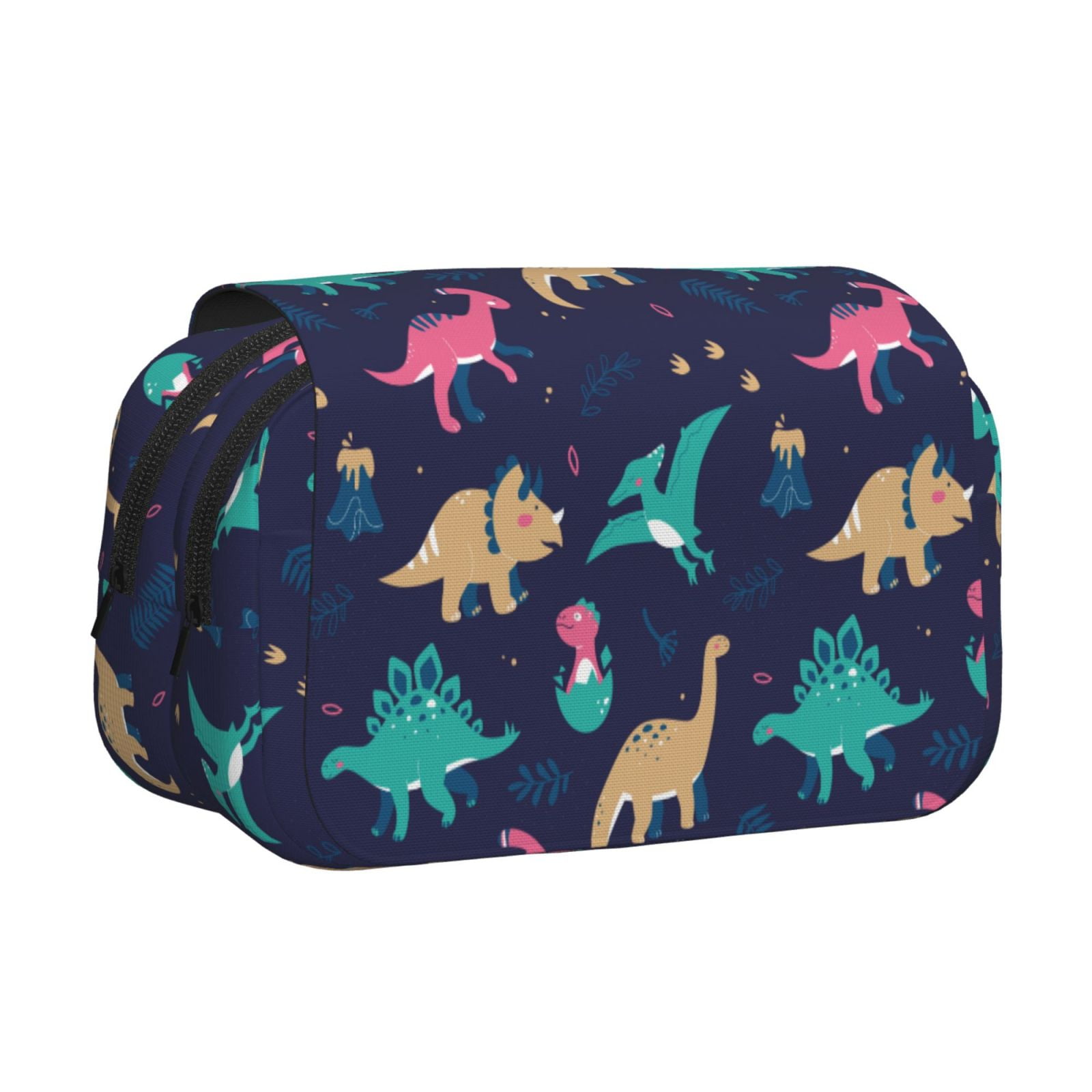 Rateoe Cartoon Dinosaur Pattern Double Clamshell Pen Case, Storage Organizer with Two Zipper Compartments– Holds Up to 50 Pencils & Pens
