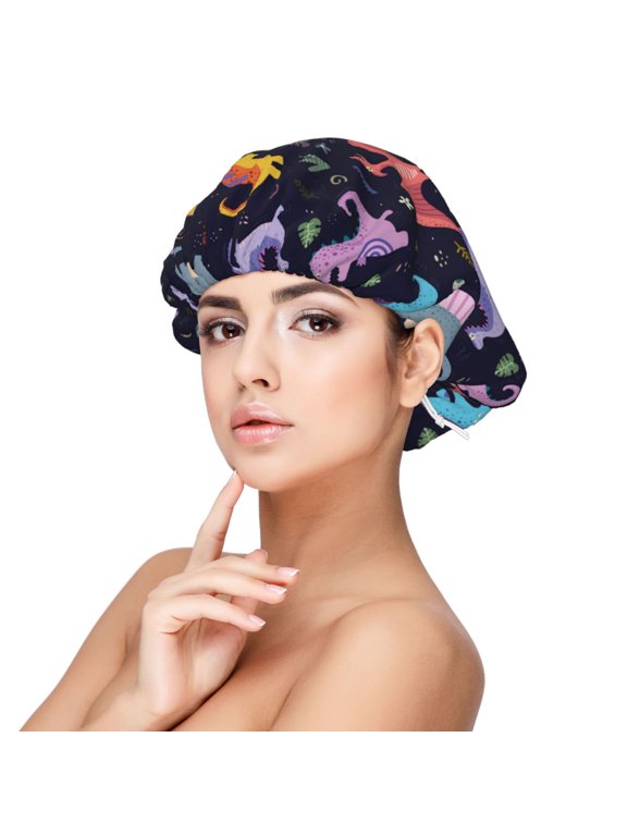 Cartoon Dinosaur Pattern Silk Satin Hair Bonnet for Sleeping, Adjustable Sleep Cap Turban for Women , Curly Straight Hair Long Large Braid
