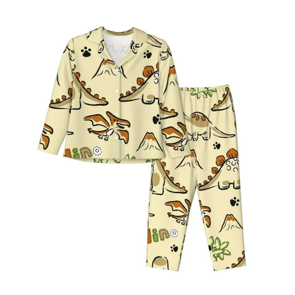 Rateoe Cartoon Dinosaurs Pattern Womens Pajamas Set Long Sleeve Sleepwear Button Down Nightwear Soft Cotton Pj Lounge Sets