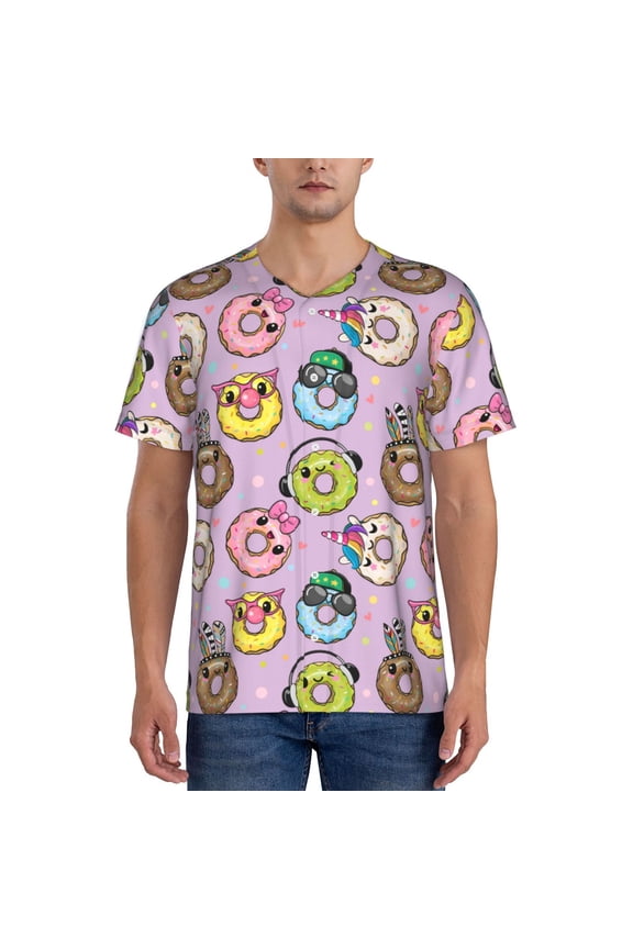 Cartoon Donuts Pattern Men’s Baseball Short Sleeve Polo Shirt, Midweight Men's Shirt Golf Shirt Polo Shirts Quick Dry Short-Large