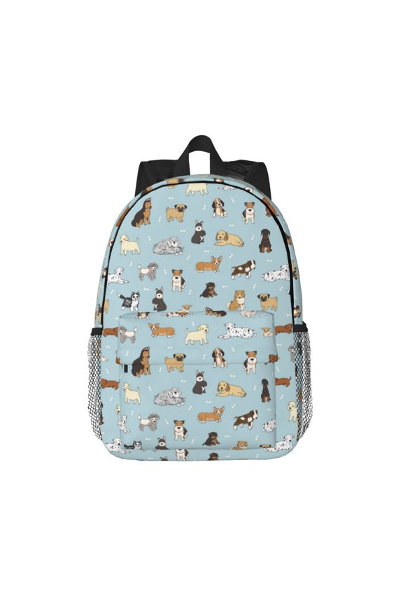 Cartoon Doodle Puppy Pattern Student Backpack Water-resistant Backpack 15-inch Laptop Backpack Lightweight Adjustable School Backpack