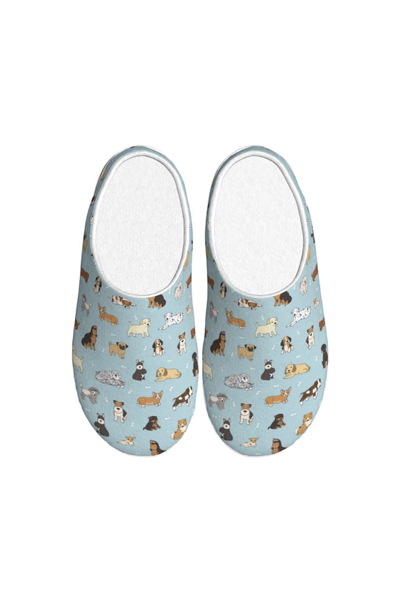 Cartoon Doodle Puppy Print Women's Men's Cotton Knit Slippers Lightweight Memory Foam Indoor House Shoes with Anti-Skid Sole-44/45