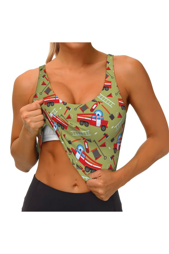 Cartoon Fire Truck Print Womens' Sports Bras Scoop Neck Sports Vest- Padded U Back Seamless High Impact Support