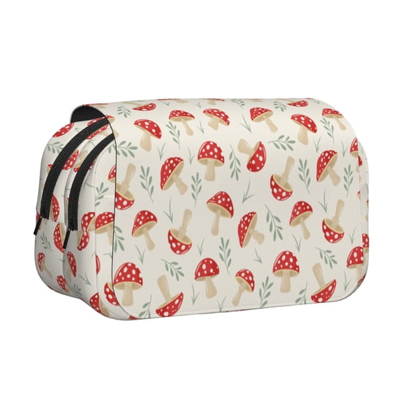 Rateoe Cartoon Flat Mushrooms Pattern Double Clamshell Pen Case, Storage Organizer with Two Zipper Compartments Holds Up to 50 Pencils & Pens