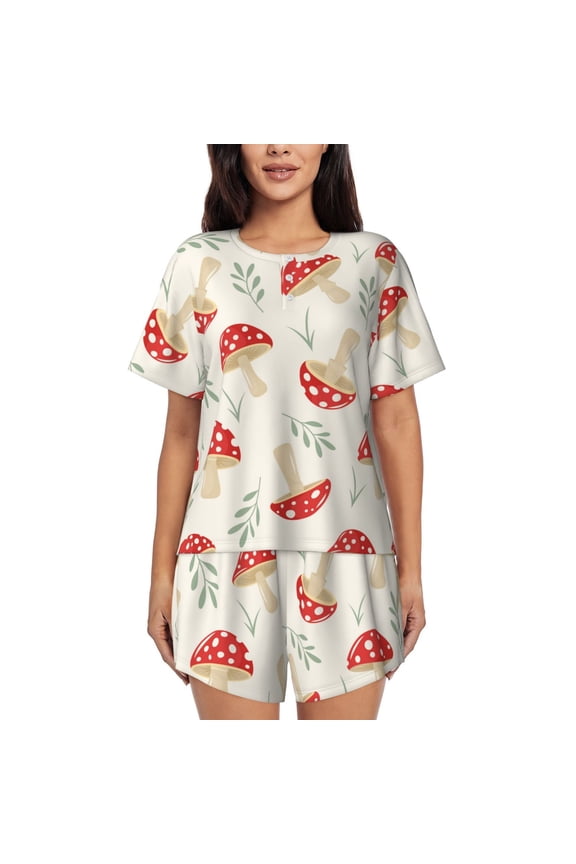 Cartoon Flat Mushrooms Pattern Women's Short-Sleeved Pajama Set - 2 Piece Soft and Lightweight Sleepwear Set-Medium