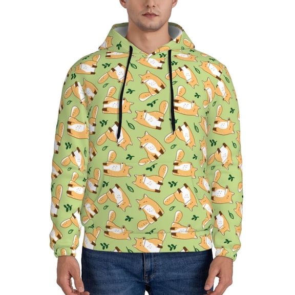 Rateoe Cartoon Fox 2 Pattern Mens Hoodie, Pullover Hooded Sweatshirt, Kangaroo Pocket Hoodie Ideal for Daily Wear, Travel and Home-4X-Large