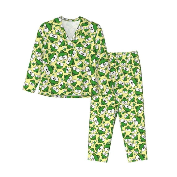 Rateoe Cartoon Frogs Pattern Womens Pajamas Set Long Sleeve Sleepwear Button Down Nightwear Soft Cotton Pj Lounge Sets-