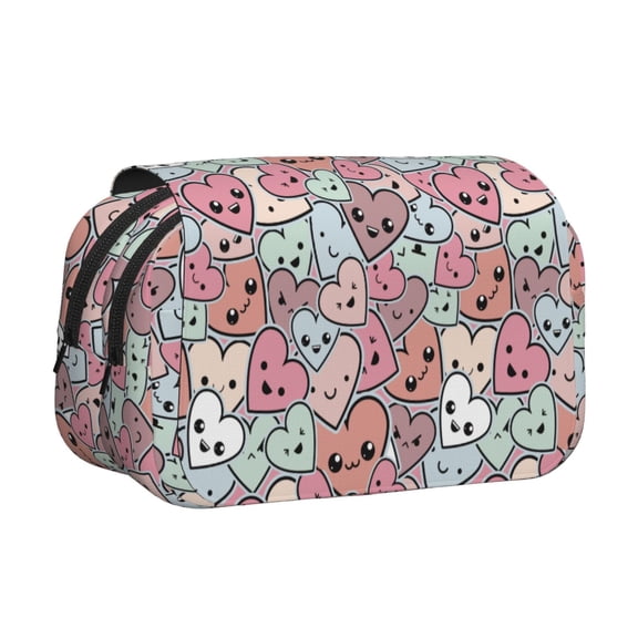Rateoe Cartoon Hearts Pattern Double Clamshell Pen Case, Storage Organizer with Two Zipper Compartments– Holds Up to 50 Pencils & Pens