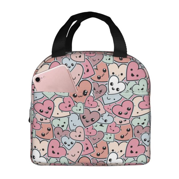 Rateoe Cartoon Hearts Pattern Insulated Lunch Bag with Thick Aluminum Foil Lunch Tote Bag with Front Pocket for Men and Women, Ideal for Work, School, Picnics, and Travel