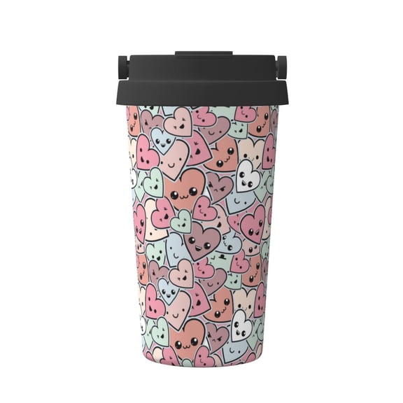 Rateoe Cartoon Hearts Pattern Travel Coffee Mug Tumbler with Flip Lid | Reusable Insulated Stainless Steel Cold Brew Iced Coffee Cup Thermos