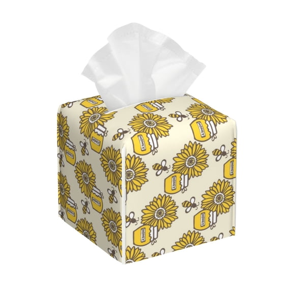 Rateoe Cartoon Honey Pot Bee Sunflower Pattern Tissue Box Cover, Modern Square Decorative Leather Facial Paper Case Organizer Holder Dispenser 5X5X5''